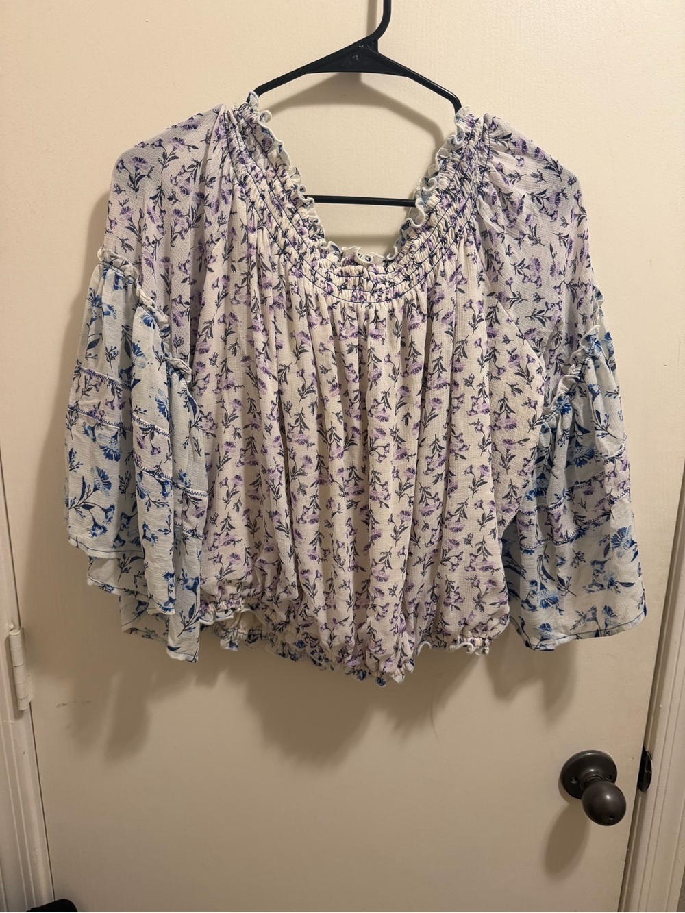Free people Boho Floral Smocked Off-Shoulder Top in Lavender and Blue